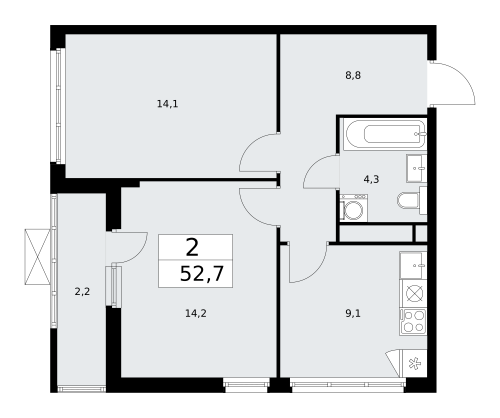 2-комнатная, 52.7 м²
