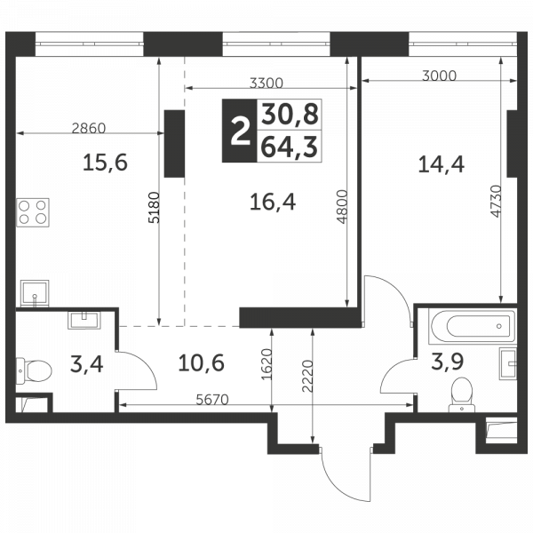 2 комнаты до 64.3