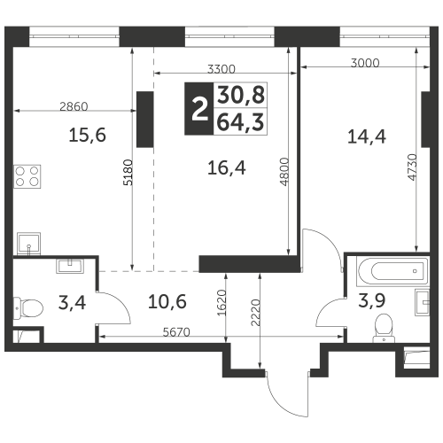 2-комнатная, квартира, 64.3 м²