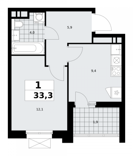 1-комнатная, 33.3 м²
