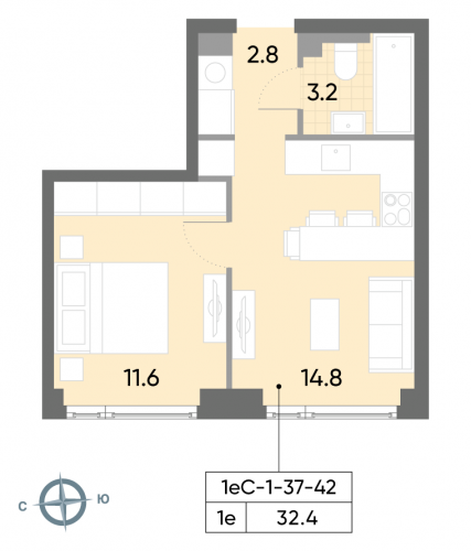 1-комнатная, квартира, 32.4 м²