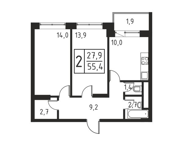 2 комнаты до 53.9