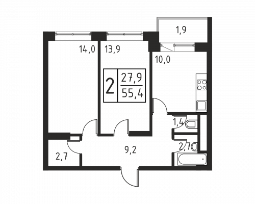 2-комнатная, квартира, 53.9 м²