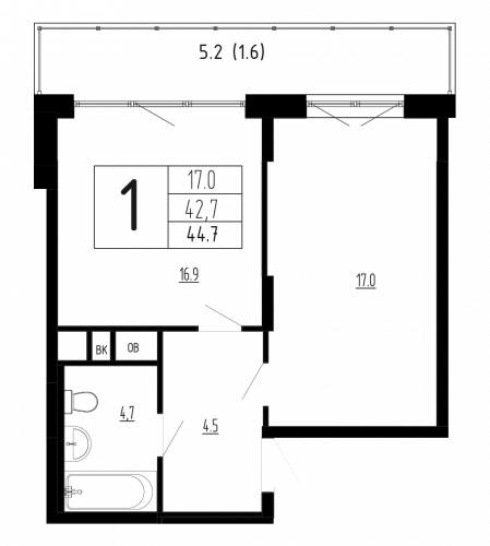 1-комнатная, квартира, 44.7 м²