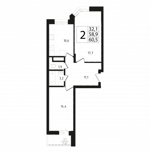 2-комнатная, квартира, 58.5 м²