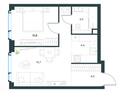 2-комнатная, 39.8 м²