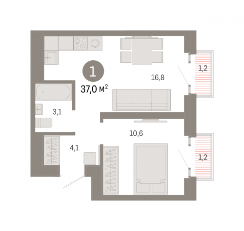 1-комнатная, квартира, 37 м²