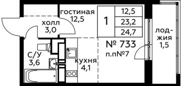 1-комнатная квартира 24,7 м²
