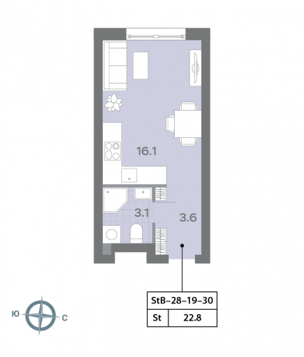 Студия, 22.8 м²