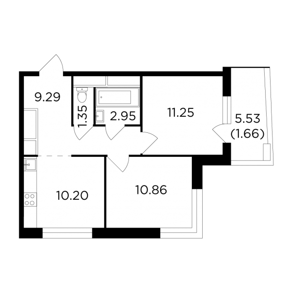 2-комнатная квартира №362, 47,6 м² за 14,54 млн руб. в ЖК «Одинград»: кварталы «Лесной» и «Центральный» - планировка