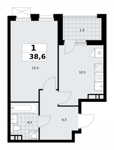 1-комнатная, 38.6 м²
