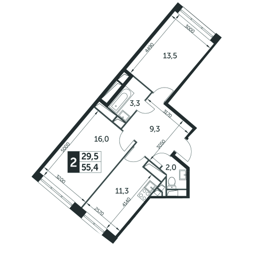 2-комнатная, квартира, 55.4 м²