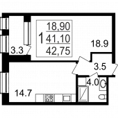1-комнатная квартира 42.75 м²