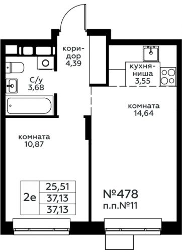 2-комнатная, 37.13 м²