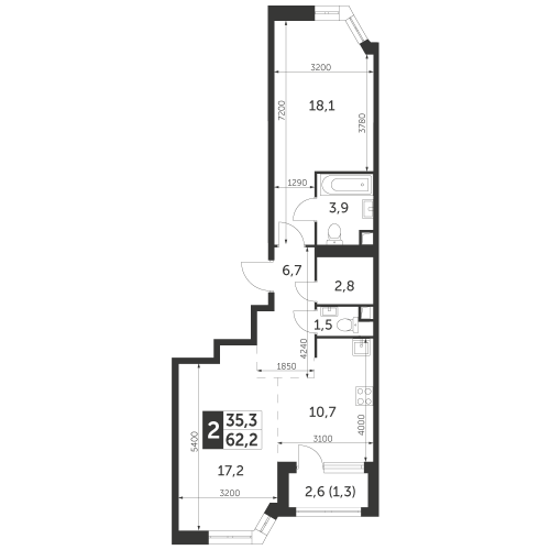 2-комнатная, квартира, 62.2 м²
