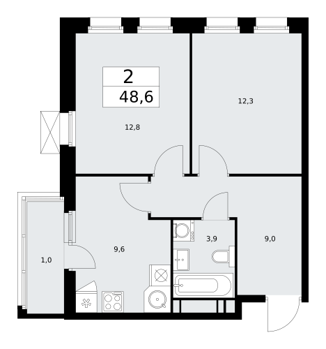 2-комнатная, 48.6 м²