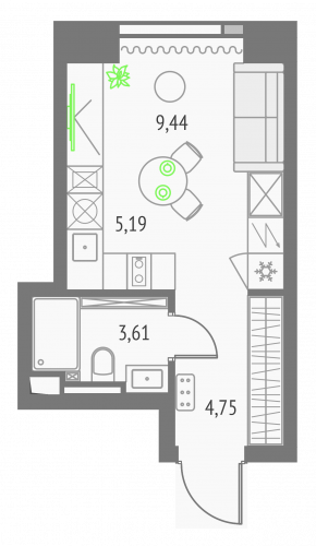 Студия, 22.99 м²