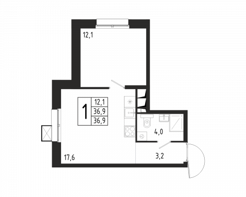1-комнатная, квартира, 36.9 м²