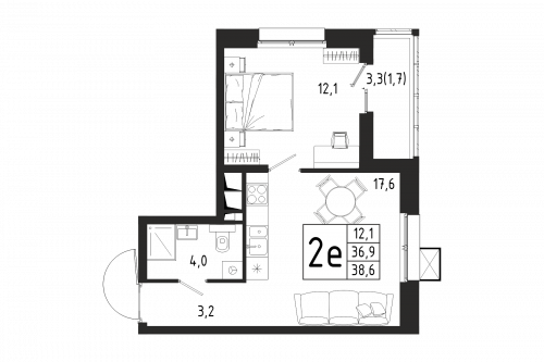 1-комнатная, квартира, 38.6 м²