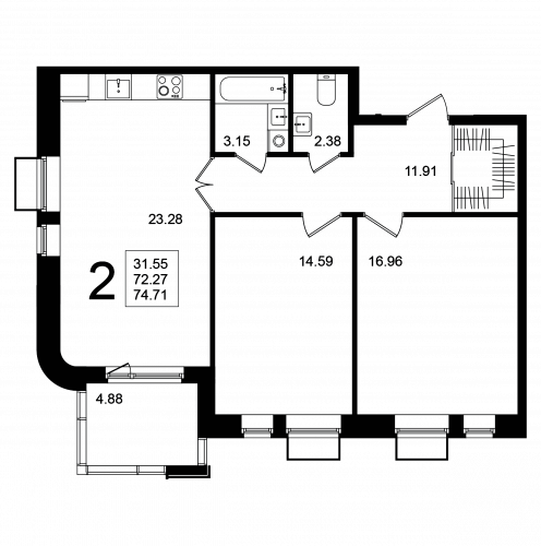 2-комнатная, квартира, 74.71 м²