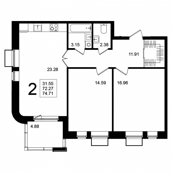 2 комнаты до 74.71