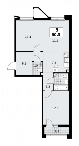 3-комнатная, 60.5 м²