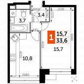 1-комнатная квартира 33,6 м²