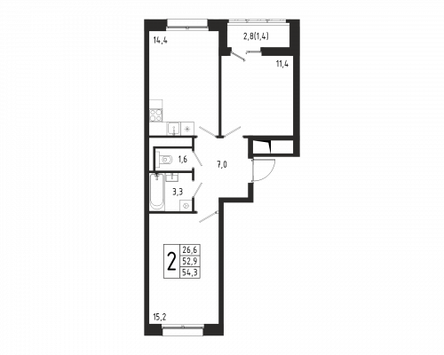 2-комнатная, квартира, 54.3 м²