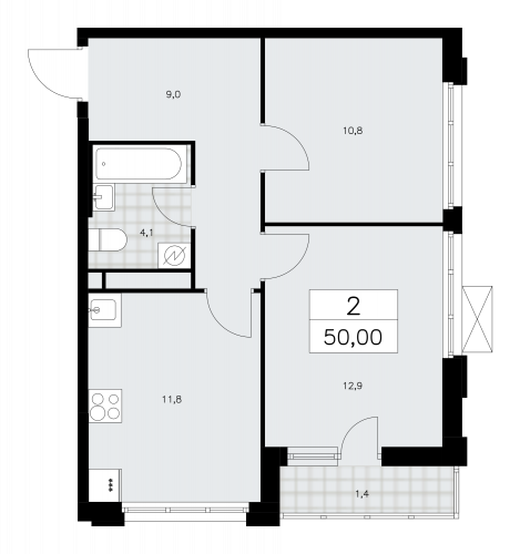 2-комнатная, 50 м²