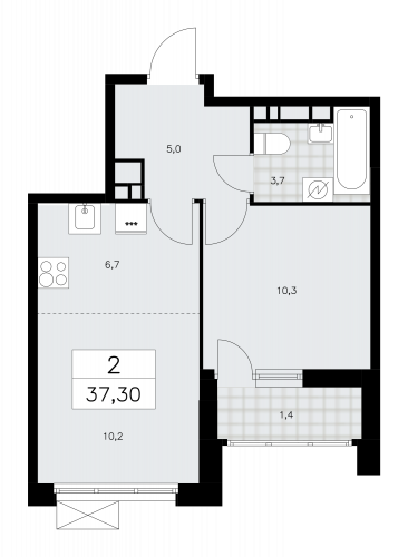 2-комнатная, 37.3 м²