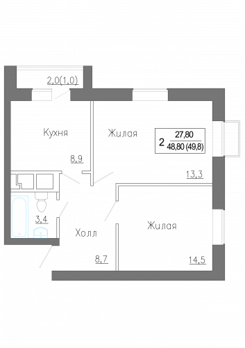 2-комнатная, квартира, 49.8 м²