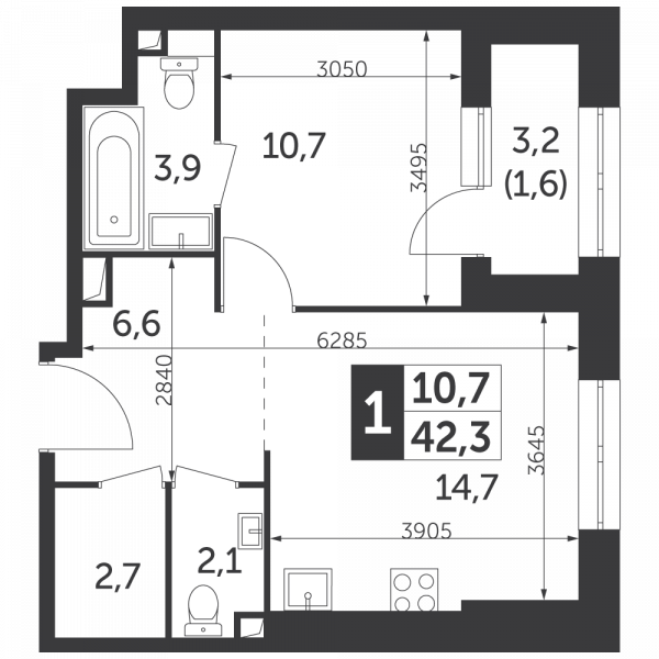 1 комната до 42.3