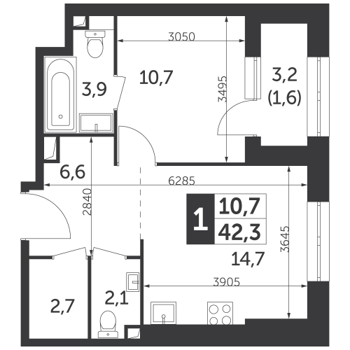 1-комнатная, квартира, 42.3 м²