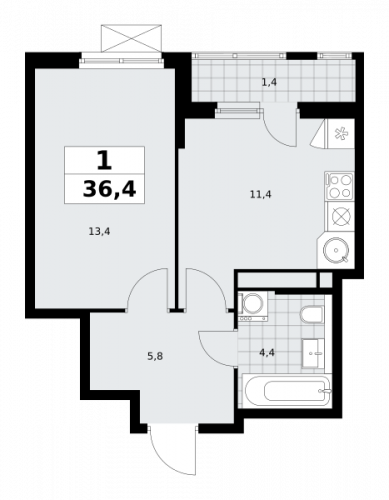 1-комнатная, 36.4 м²