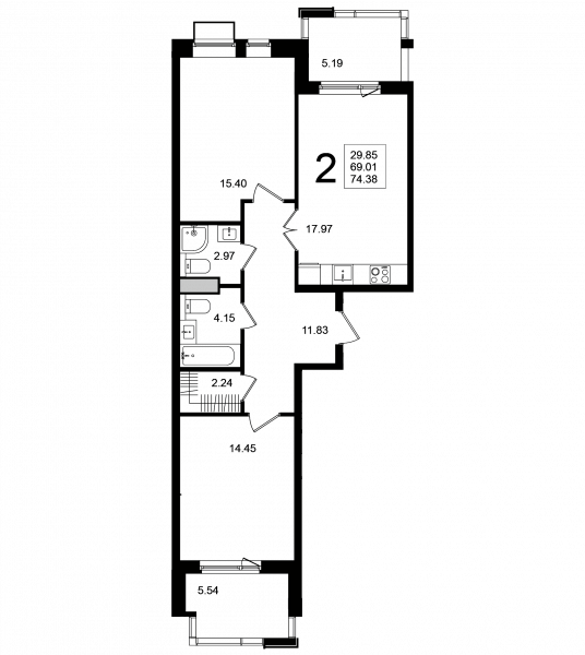 2 комнаты до 74.38