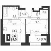 1-комнатная квартира 39 м²