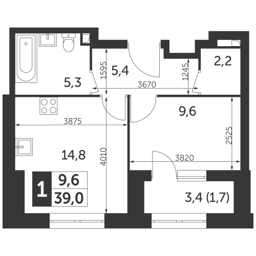 1-комнатная, квартира, 39 м²