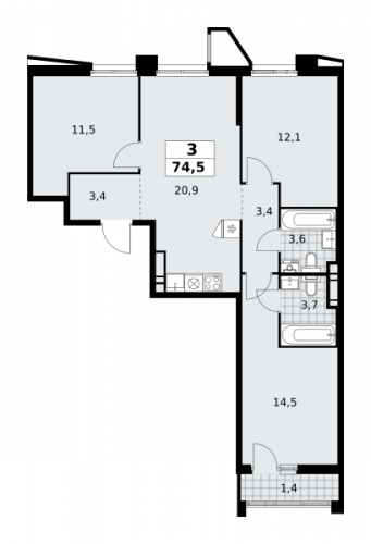 3-комнатная, 74.5 м²