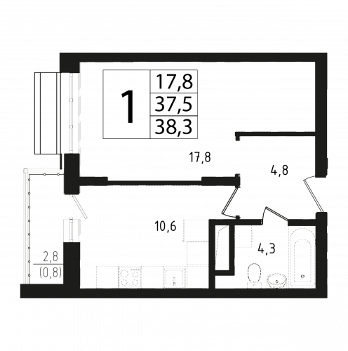 1-комнатная, квартира, 37.3 м²