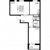2-комнатная квартира 55,67 м²