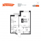 1-комнатная квартира 34 м²
