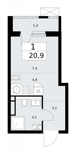 1-комнатная, 20.9 м²