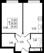 1-комнатная квартира 38,8 м²