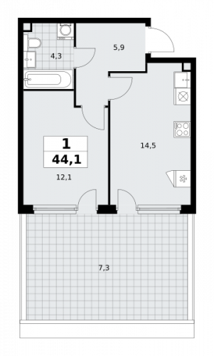 1-комнатная, 44.1 м²