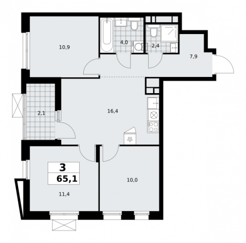 3-комнатная, 65.1 м²