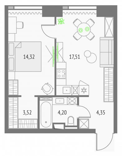 1-комнатная, квартира, 43.9 м²