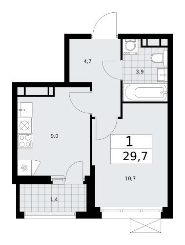 1-комнатная, 29.7 м²