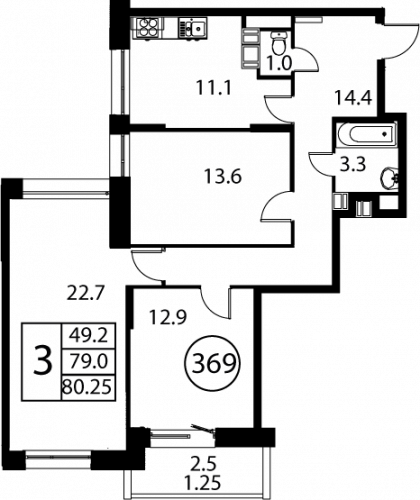 3-комнатная, квартира, 80.25 м²