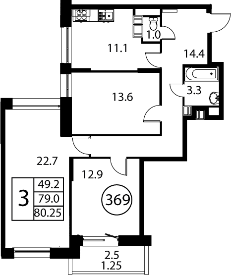 3 комнаты до 80.25