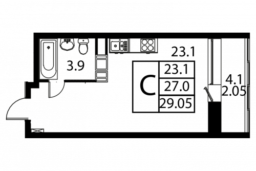 Студия, 29.05 м²